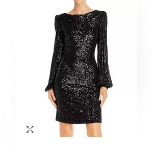 Aqua Long Sleeve Sequin Mini Dress in Black, S, New with Tags